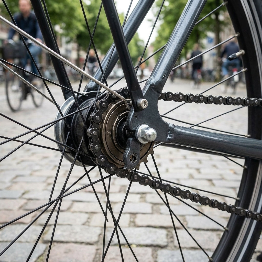 Connex 700 1-fach Fahrradkette schwarz am Hinterrad eines Rades auf Kopfsteinpflaster.