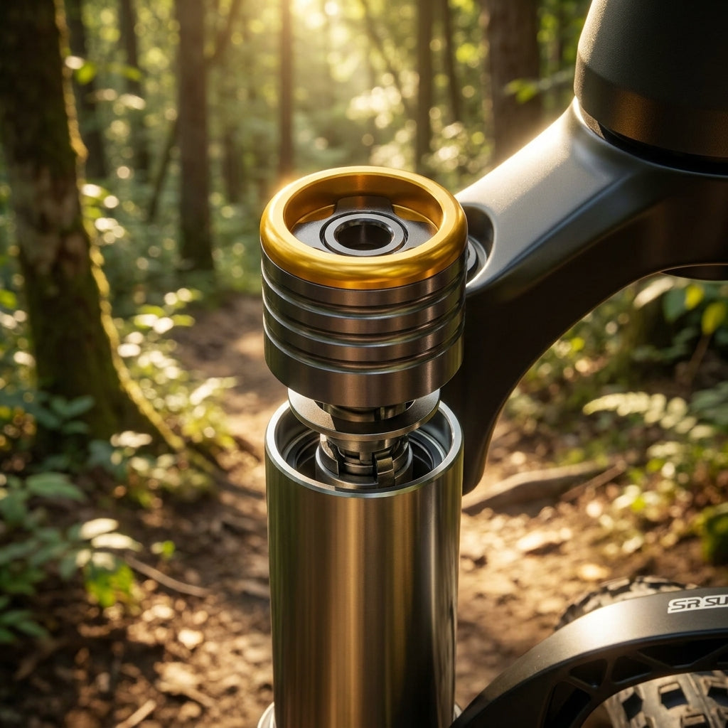 SR Suntour Stellkopf-Set Q-LOC für 15mm-Achse, goldener Einstellknopf an Federgabel im Wald.