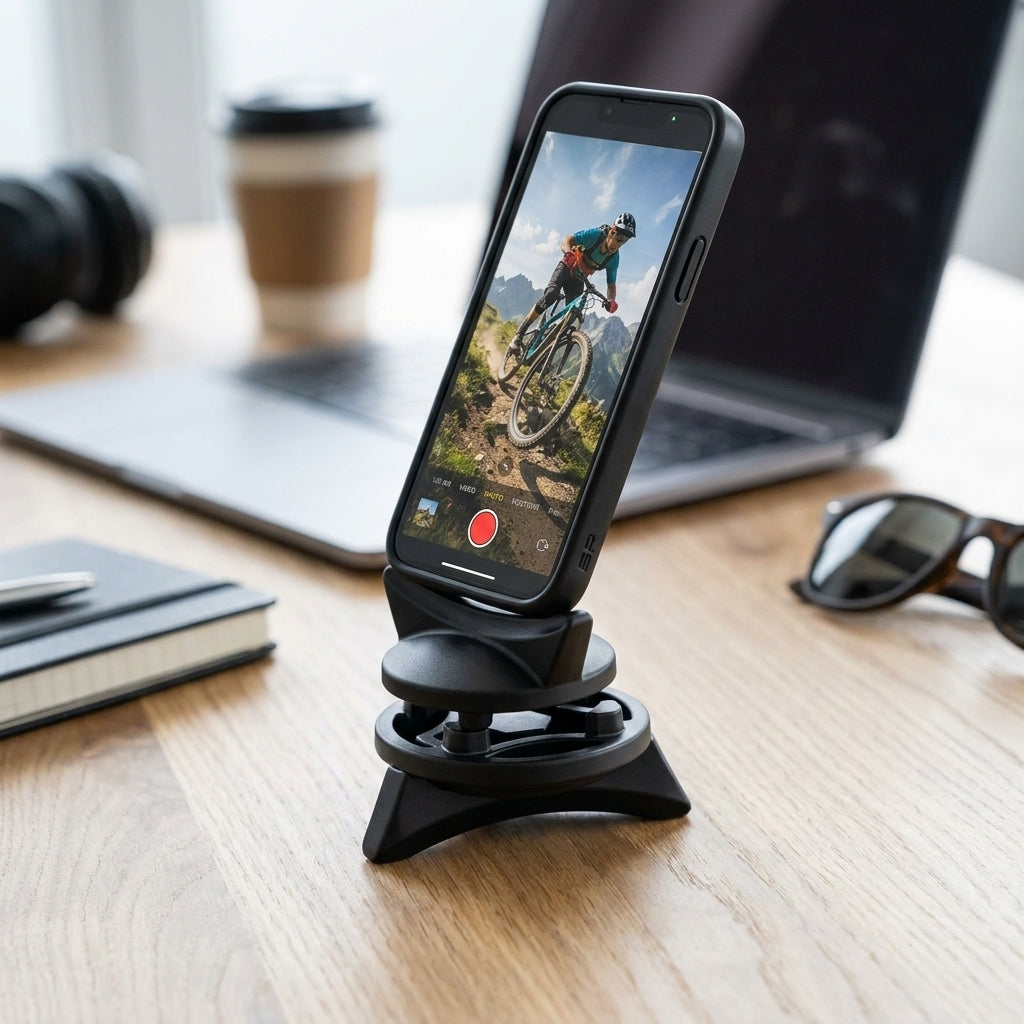 SP Connect SPC Tool als Smartphone-Ständer auf Schreibtisch, zeigt Mountainbiker am Handy-Display.
