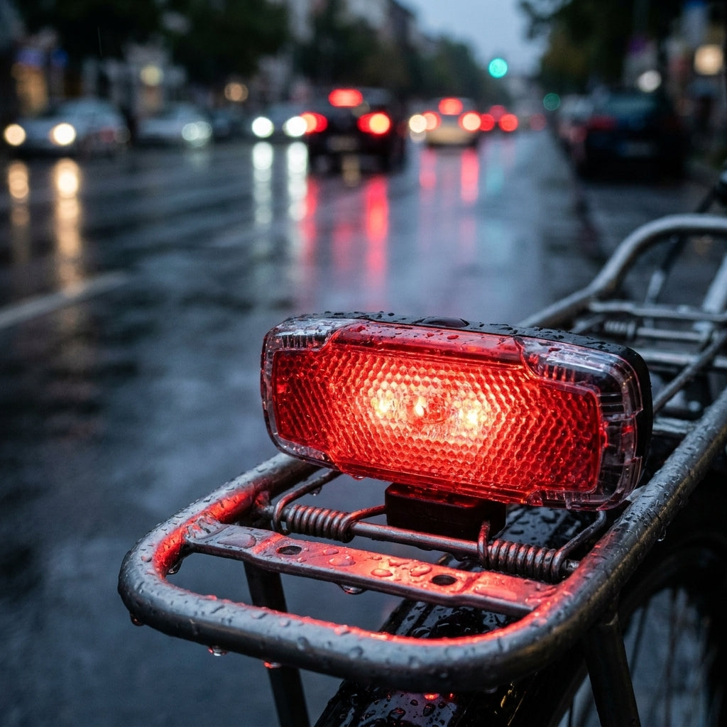 Busch&Müller Akku-Rücklicht Toplight 2C USB LED StVZO am Fahrrad, nass und leuchtend im Regen auf der Straße.