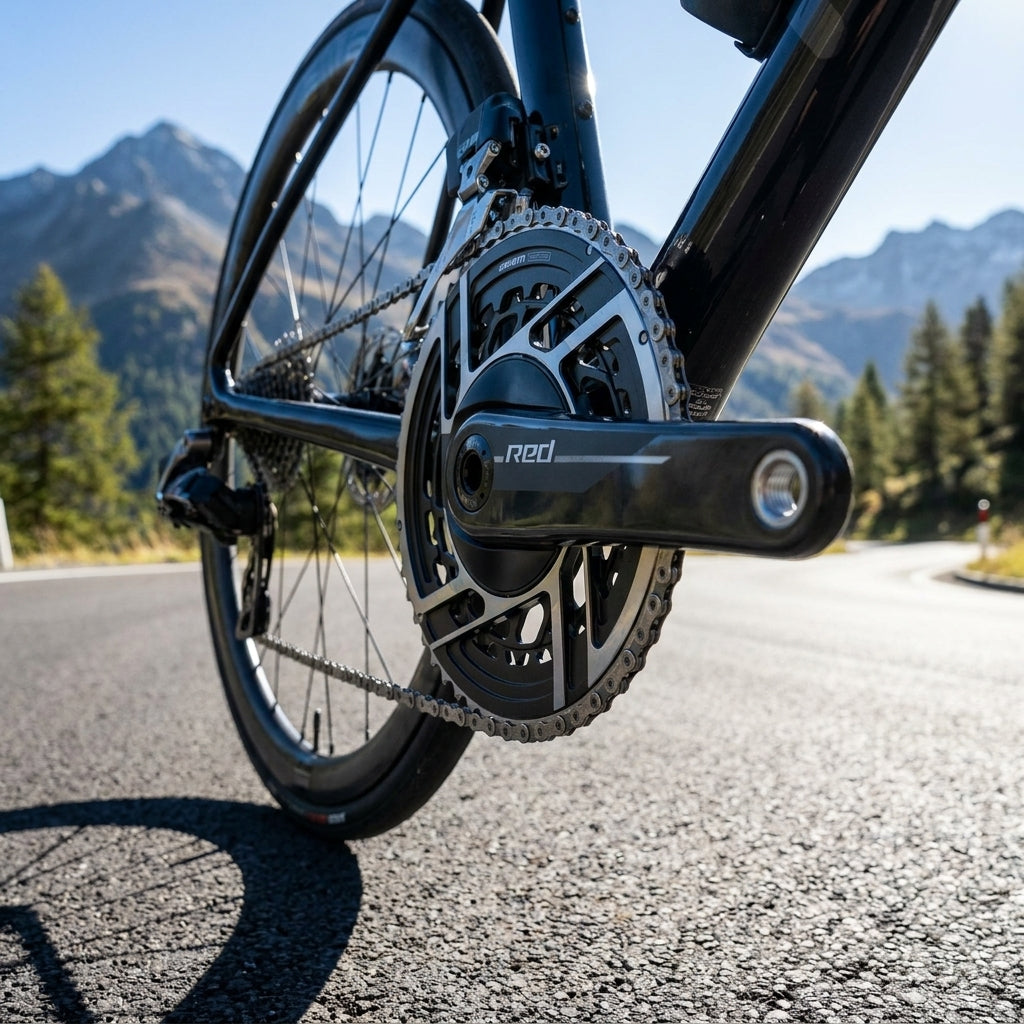 SRAM RED E1 Kurbelgarnitur am Fahrrad auf Asphaltstraße. Ultraleichte Performance-Kurbel 175mm für Radsport.
