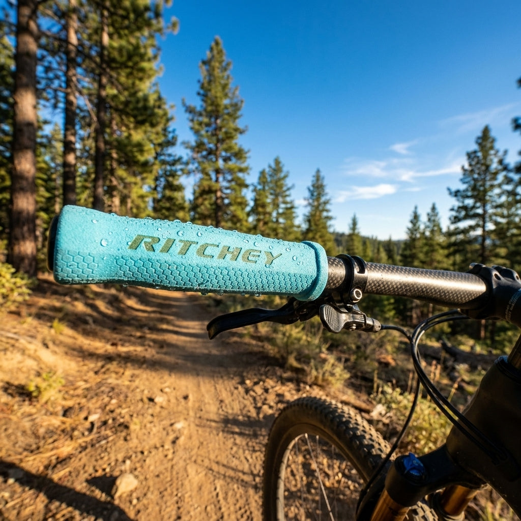 Ritchey WCS Truegrip Griff himmelblau am Mountainbike Lenker, nass mit Tropfen auf Waldweg.