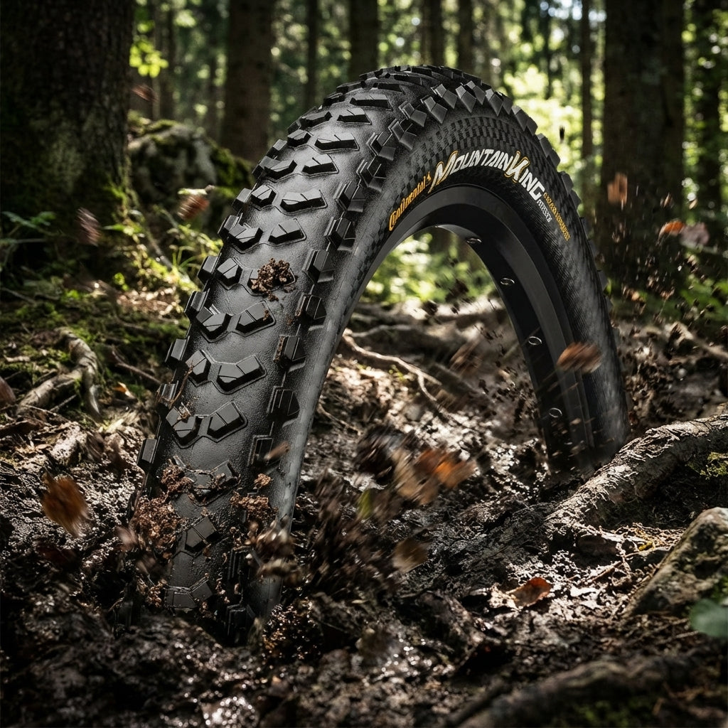 Continental Mountain King 2.3 27.5 Zoll MTB-Reifen, schwarz, wirbelt Schlamm im Wald auf.