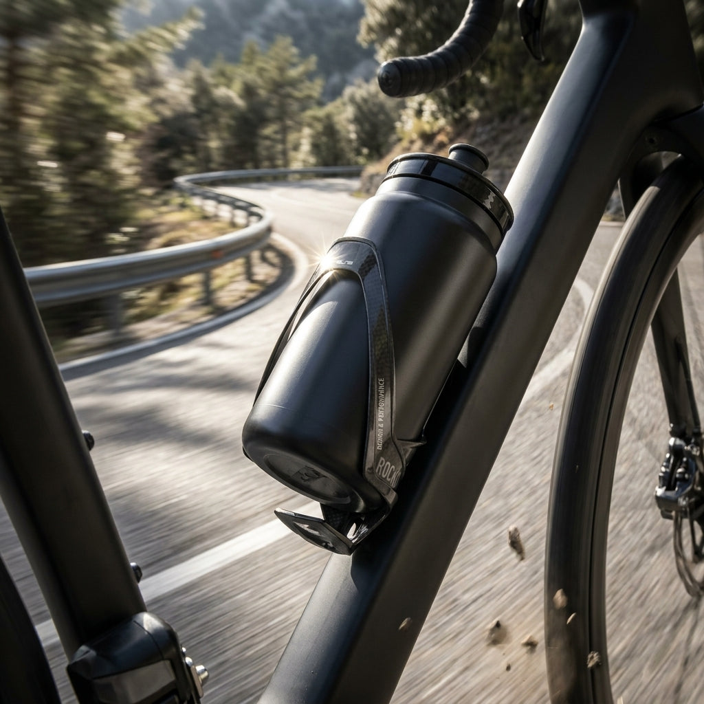 Elite Rocko Carbon Trinkflaschenhalter schwarz matt am Rennrad auf bergiger Straße.