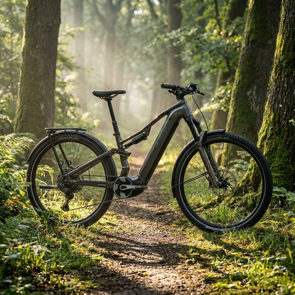 Centurion Lhasa R1000 EP1 Kohlegrau E-MTB auf sonnigem Waldweg. Komfortables E-Bike für Tour und Alltag.