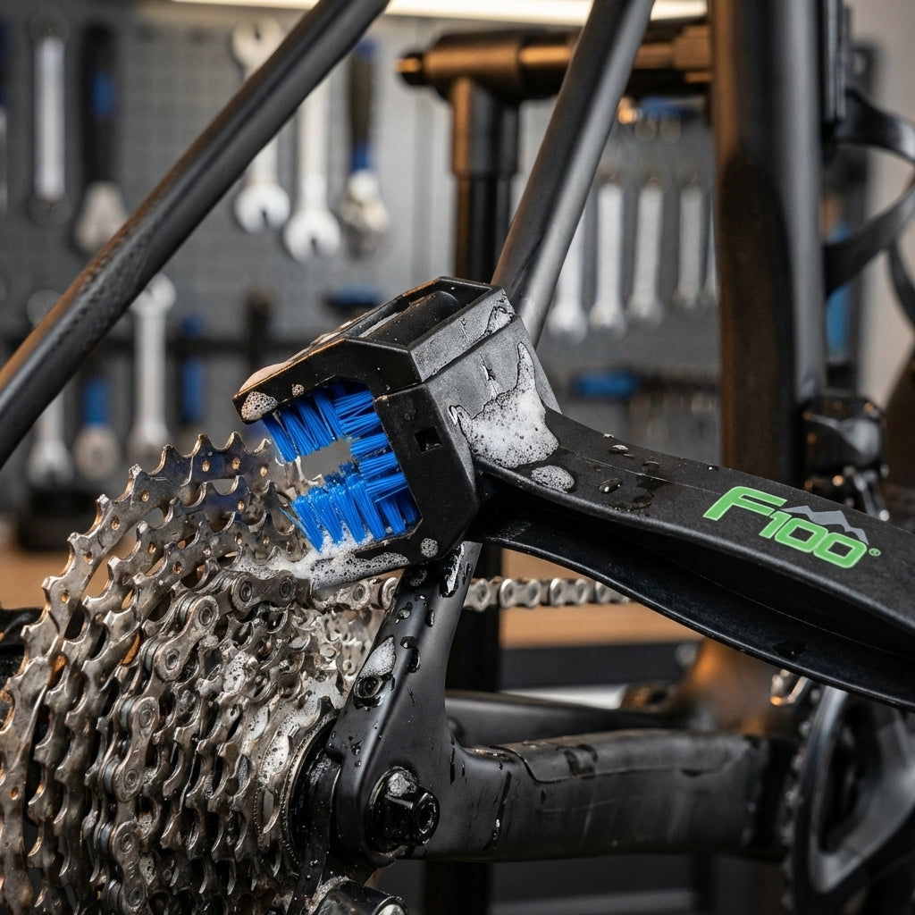 F100 Kettenbürste reinigt Fahrradkette und Kassette mit blauen Borsten und Schaum für effektive Antriebsreinigung.