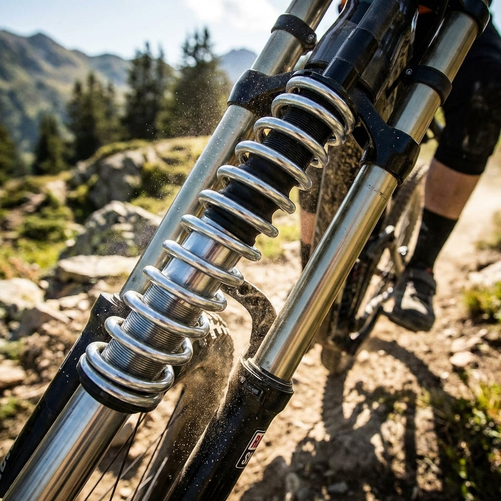 Silberne RockShox BOXXER COIL Feder an Mountainbike-Vordergabel auf felsigem Trail im Einsatz.