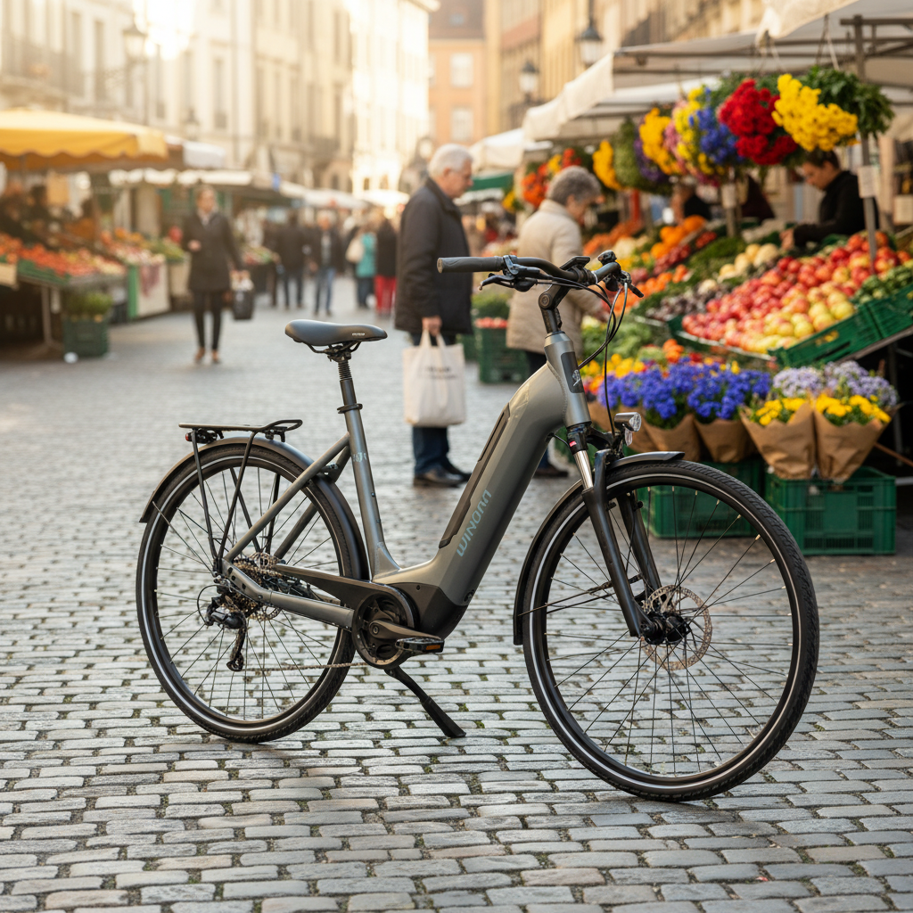 Graues Winora TRIA R8F Tiefeinsteiger E-Bike auf Kopfsteinpflaster vor belebtem Marktplatz mit Obst- und Blumenständen.