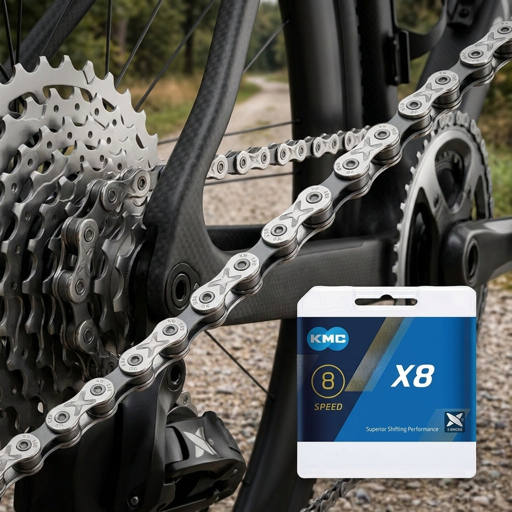 KMC X8 8-fach Fahrradkette silber/grau für Shimano SRAM Campagnolo. Langlebig, präzise Schaltperformance, einfache Montage.