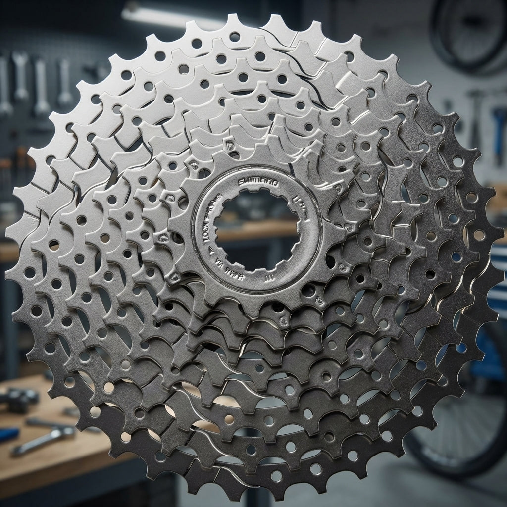 Nahaufnahme einer silbernen Shimano Alivio CS-HG400 9-fach Kassette mit 11-28 Zähnen für Fahrräder.