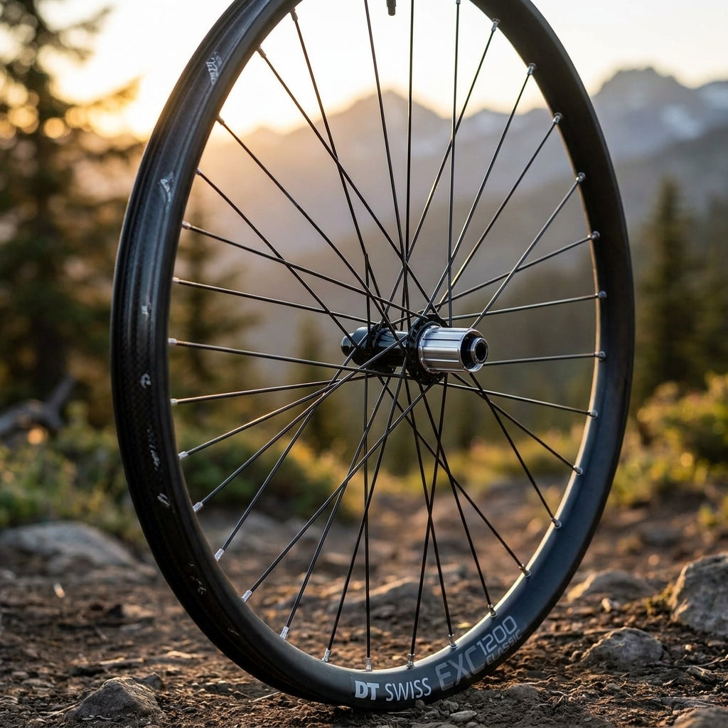 DT Swiss Speichenkit für EXC 1200 Classic 29 Zoll Laufrad in Schwarz, präsentiert auf einem Outdoor-Trail.