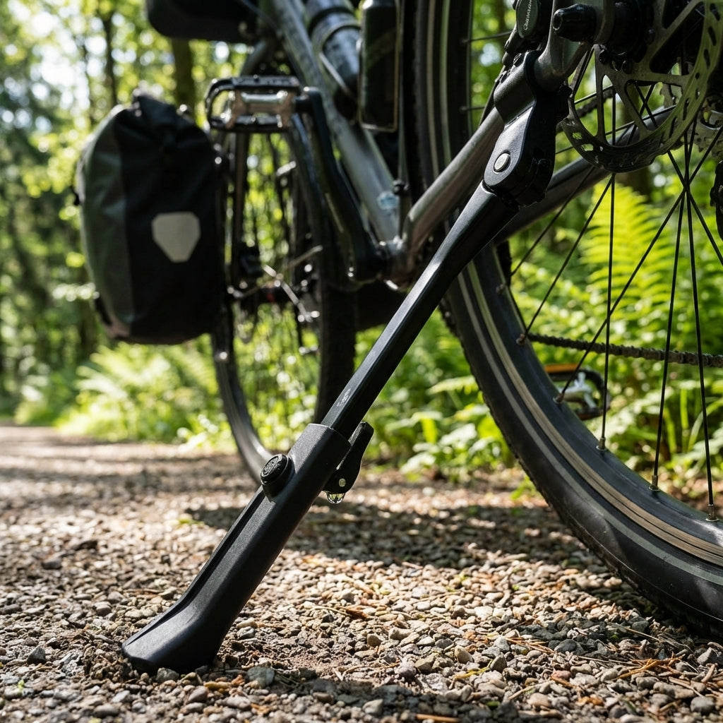 Ursus Mooi Seitenständer 26-28 Zoll, schwarz, verstellbar, Alu, am Fahrrad auf Schotterweg.