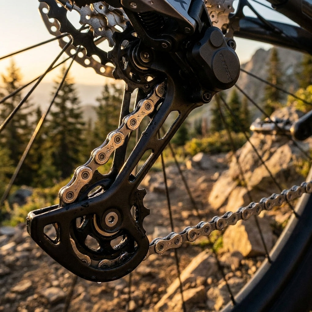 SHIMANO SLX CN-M7100 12-fach Fahrradkette auf einem Mountainbike-Antrieb im Gelände.