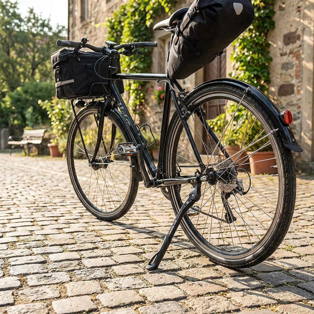 Hebie Hinterbauständer 618 AX schwarz am Fahrrad montiert. Stabiler Achsständer für 26-29 Zoll Räder, universell einstellbar.
