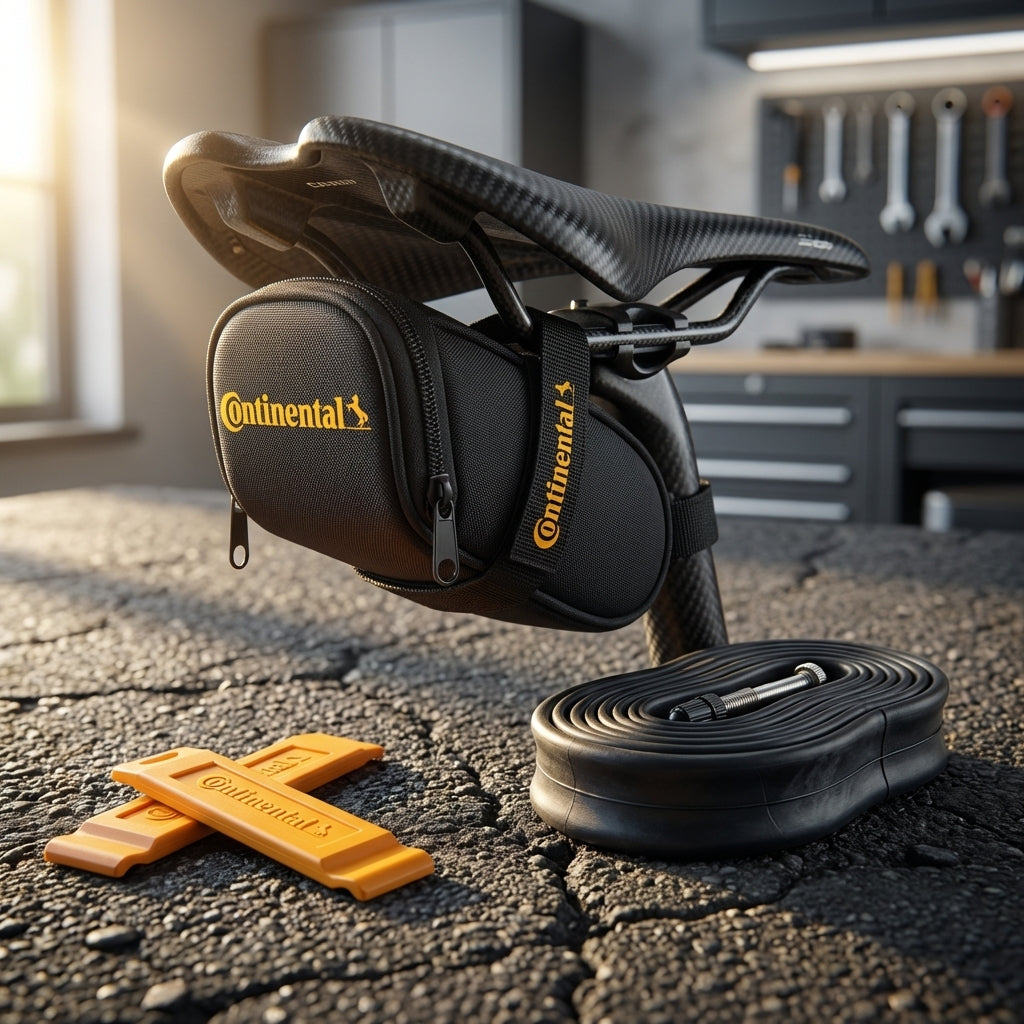 Continental Satteltasche Race 28 Zoll Set mit S60 Ersatzschlauch und zwei Reifenhebern am Fahrradsattel.