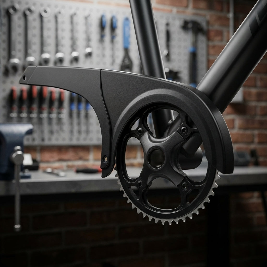 Schwarzer Horn Kettenschutz Catena 02-48 für 48 Zähne montiert an einer Fahrradkurbel in einer Werkstatt.