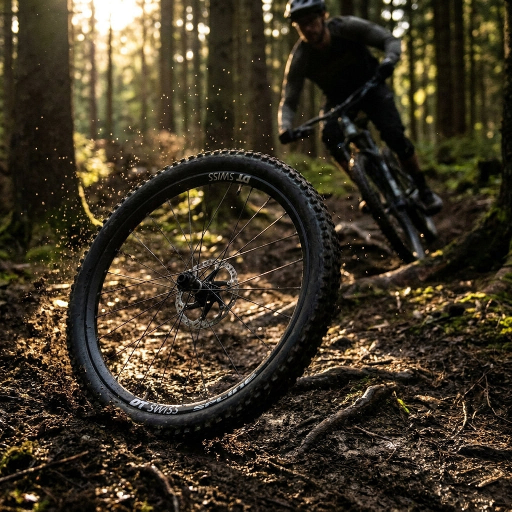 DT Swiss E 1900 SPLINE 27,5" Enduro-Vorderrad in Aktion auf schlammigem Waldweg, Dreck spritzt, Mountainbiker im Hintergrund.