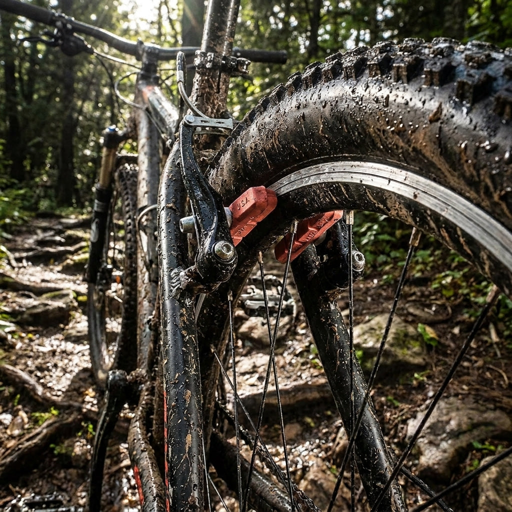 Kool Stop Lachs Bremsbeläge am schlammigen MTB auf wurzeligem Waldpfad.
