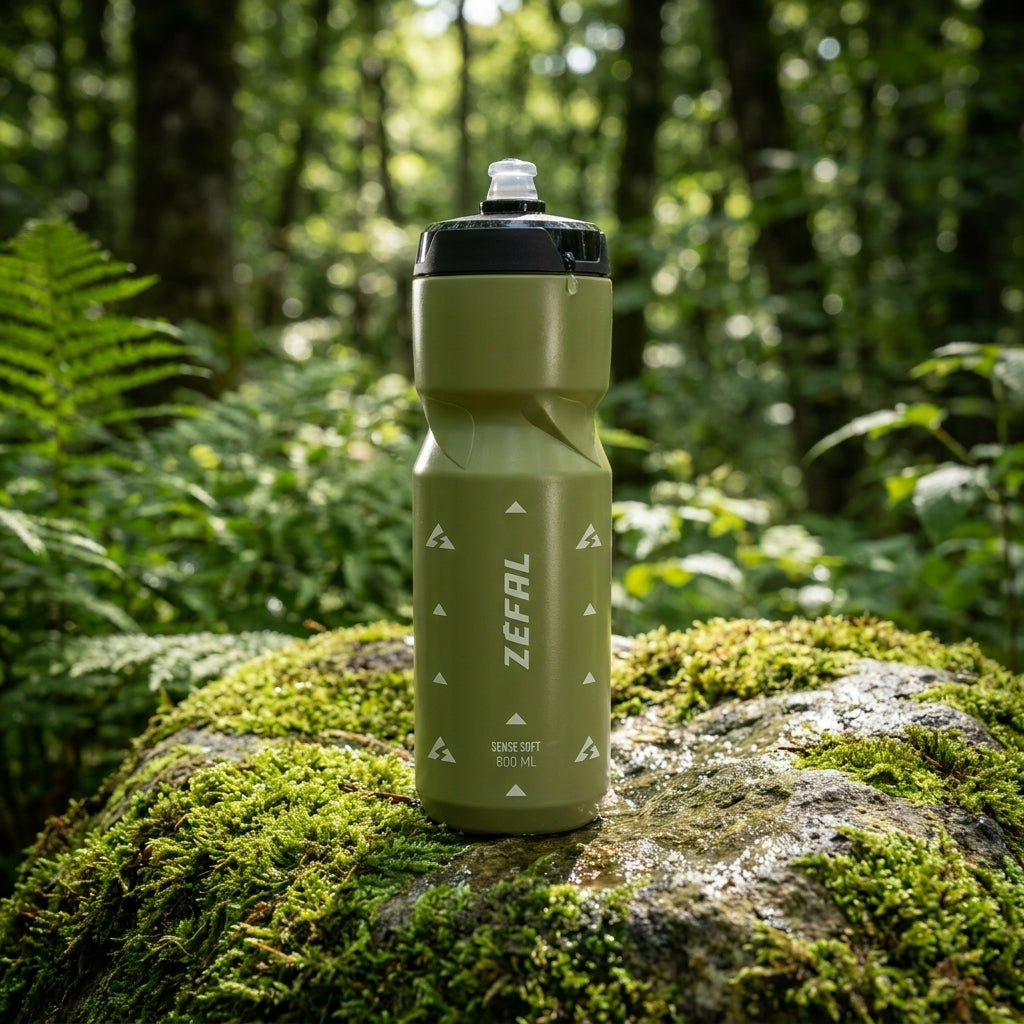 Zéfal Sense Soft Trinkflasche 800ml olivgrün auf moosigem Stein. BPA-frei, ergonomisch, recycelbar, Sport & Outdoor.