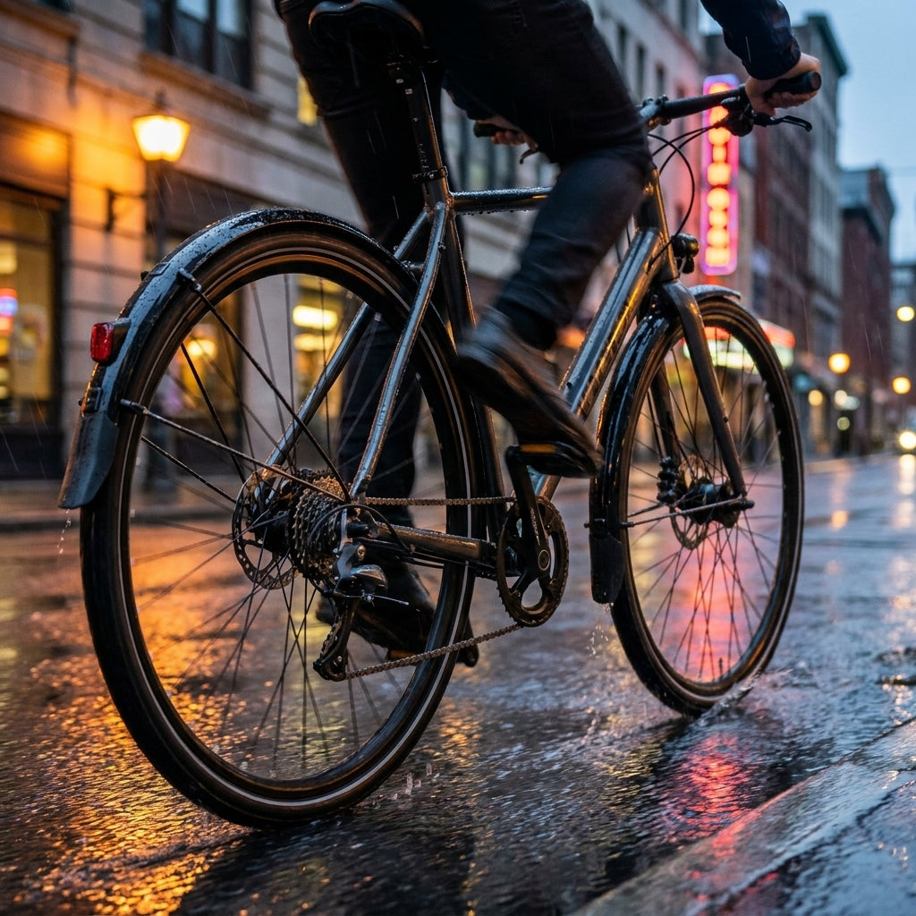 SKS Bluemels Cable Line Schutzblech-Set 28" am Fahrrad im Regen, glänzend schwarz, demonstriert optimalen Spritzschutz.
