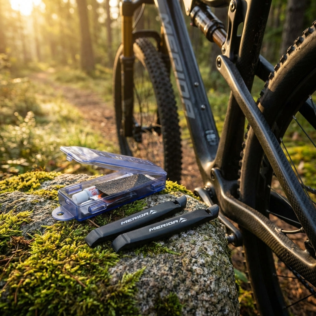 Merida Fahrrad Reparaturset 25g mit Reifenhebeln und Flicken in kompakter Box für unterwegs.