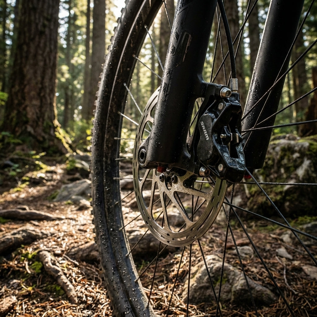 Feuchter SRAM Level Silver Stealth 4-Kolben Bremssattel schwarz am Mountainbike-Vorderrad im Wald.
