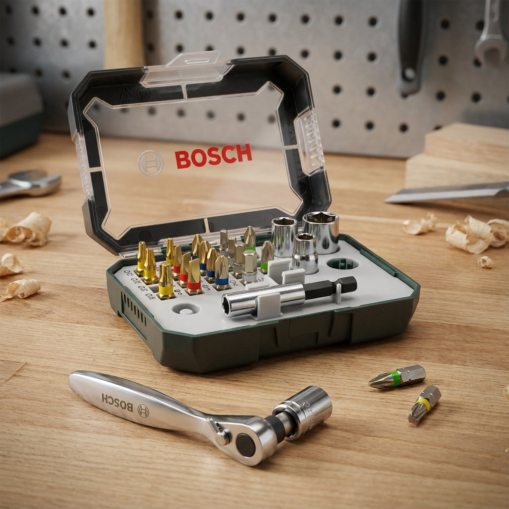 Bosch Mini Schrauberbit- und Ratschen-Set 26-tlg. Kompaktes Werkzeug für Heimwerker. Farbcodierte Bits, Ratschenschlüssel.