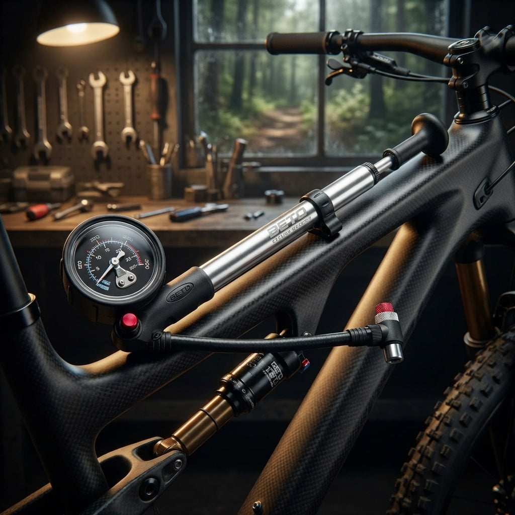 BETO Federbeinpumpe aus Alu mit Manometer bis 28 bar für MTB Luftfederelemente und Dämpfer.
