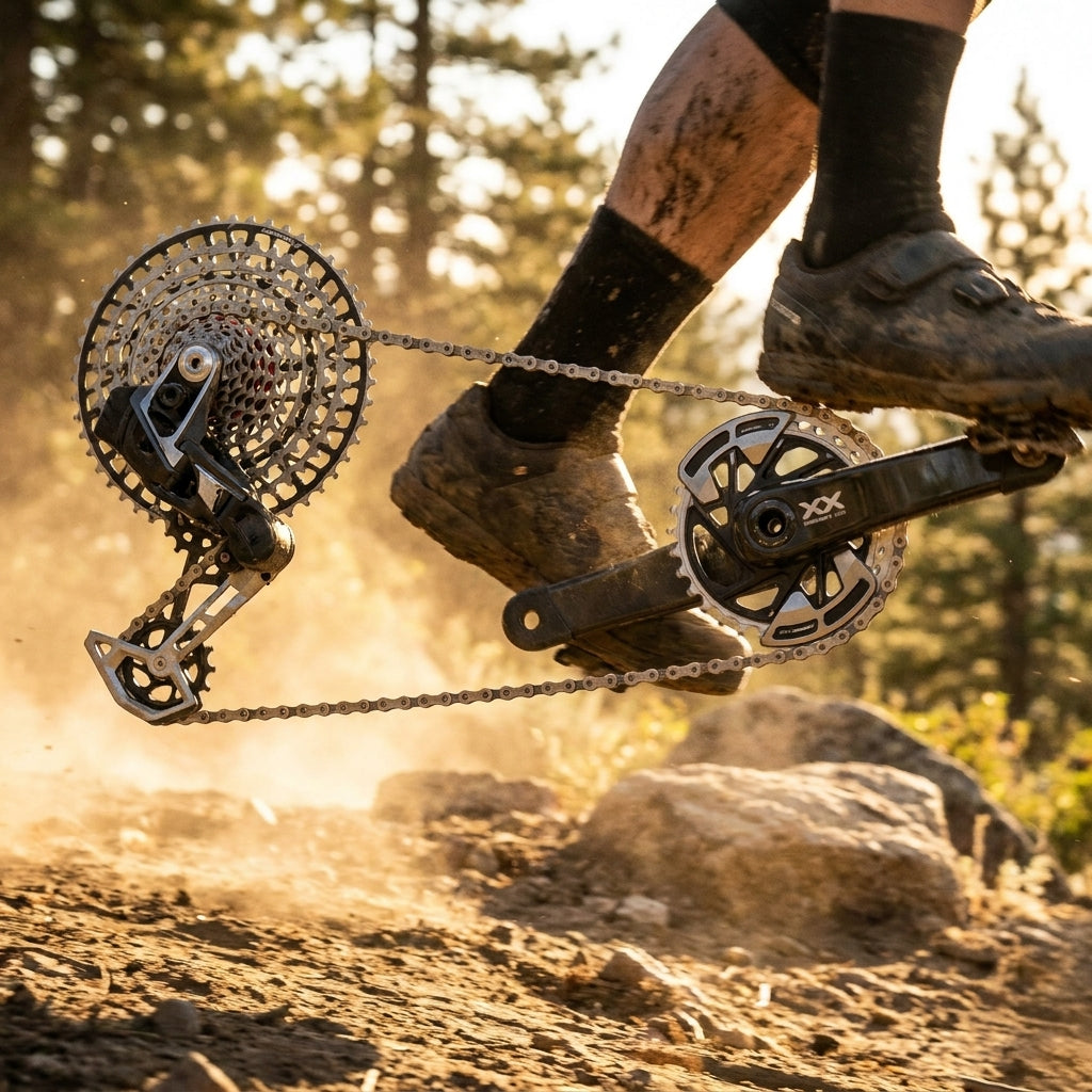 SRAM XX AXS Eagle Transmission Highend 1x12-Antrieb am Mountainbike in Aktion auf staubigem Trail.