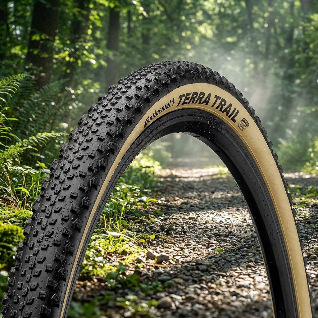 Continental Terra Trail Fahrradreifen schwarz/creme auf sonnigem Waldweg mit feuchtem Profil, 35-622.