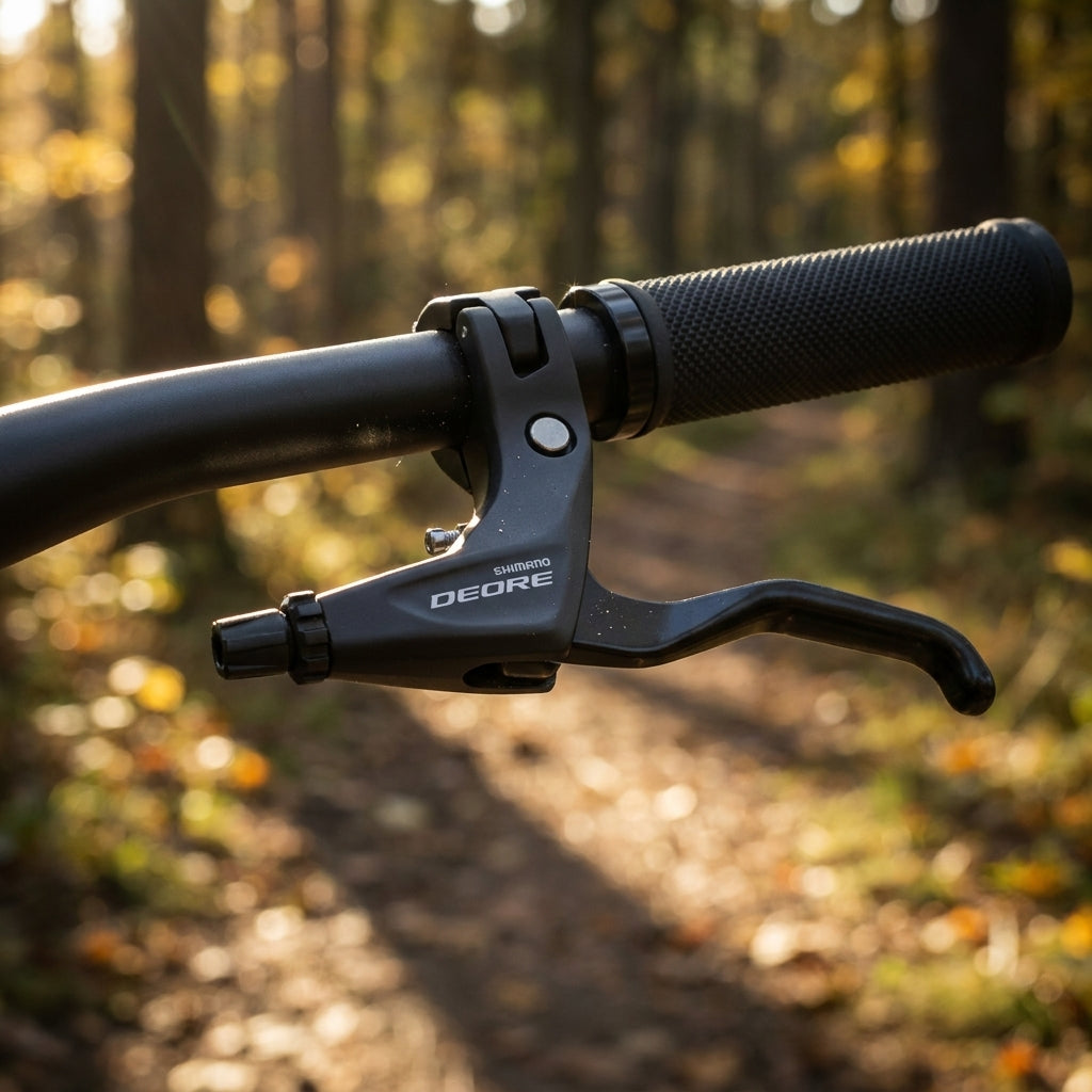 Schwarzer SHIMANO DEORE BL-T610 Links Bremshebel am MTB-Lenker im sonnigen Herbstwald, für V-Brakes/Scheibenbremsen.