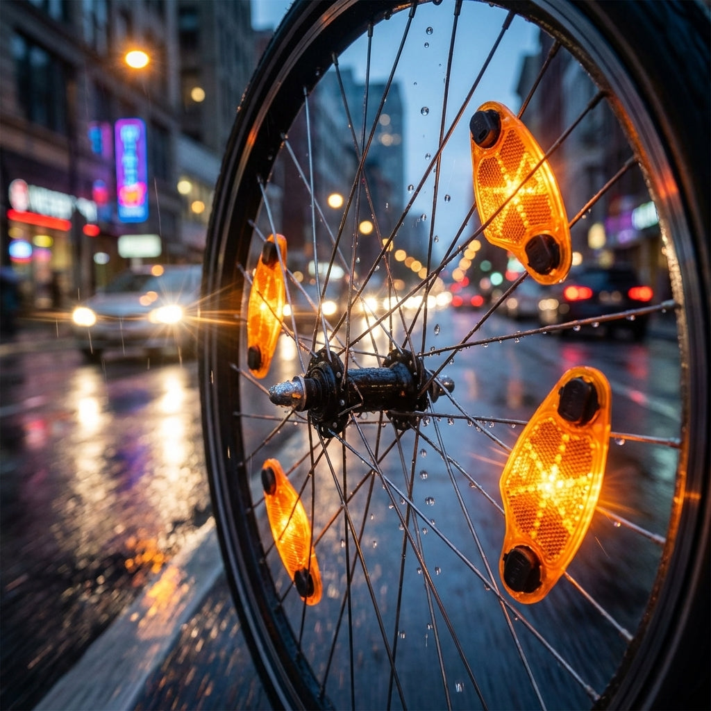 Busch & Müller Speichenreflektoren 309V orange an Fahrradspeichen montiert im nächtlichen Stadtverkehr bei Regen.
