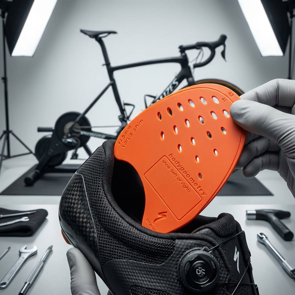 Einsetzen eines Specialized BG Internal Varus Wedge in Orange in einen Rennradschuh für effiziente Fußstellung.