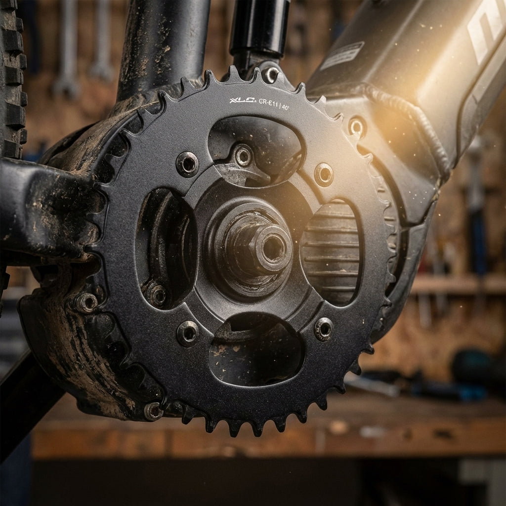XLC E-Bike Kettenblatt CR-E11 40 Zähne aus Stahl am Mittelmotor montiert.
