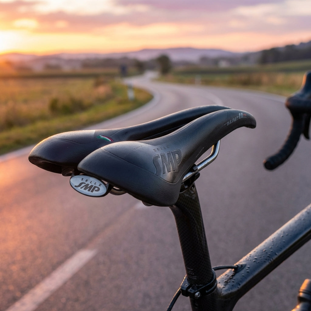 Selle SMP Well M1 Gel Unisex Fahrradsattel schwarz auf Carbon-Rennrad an Landstraße bei Sonnenuntergang.