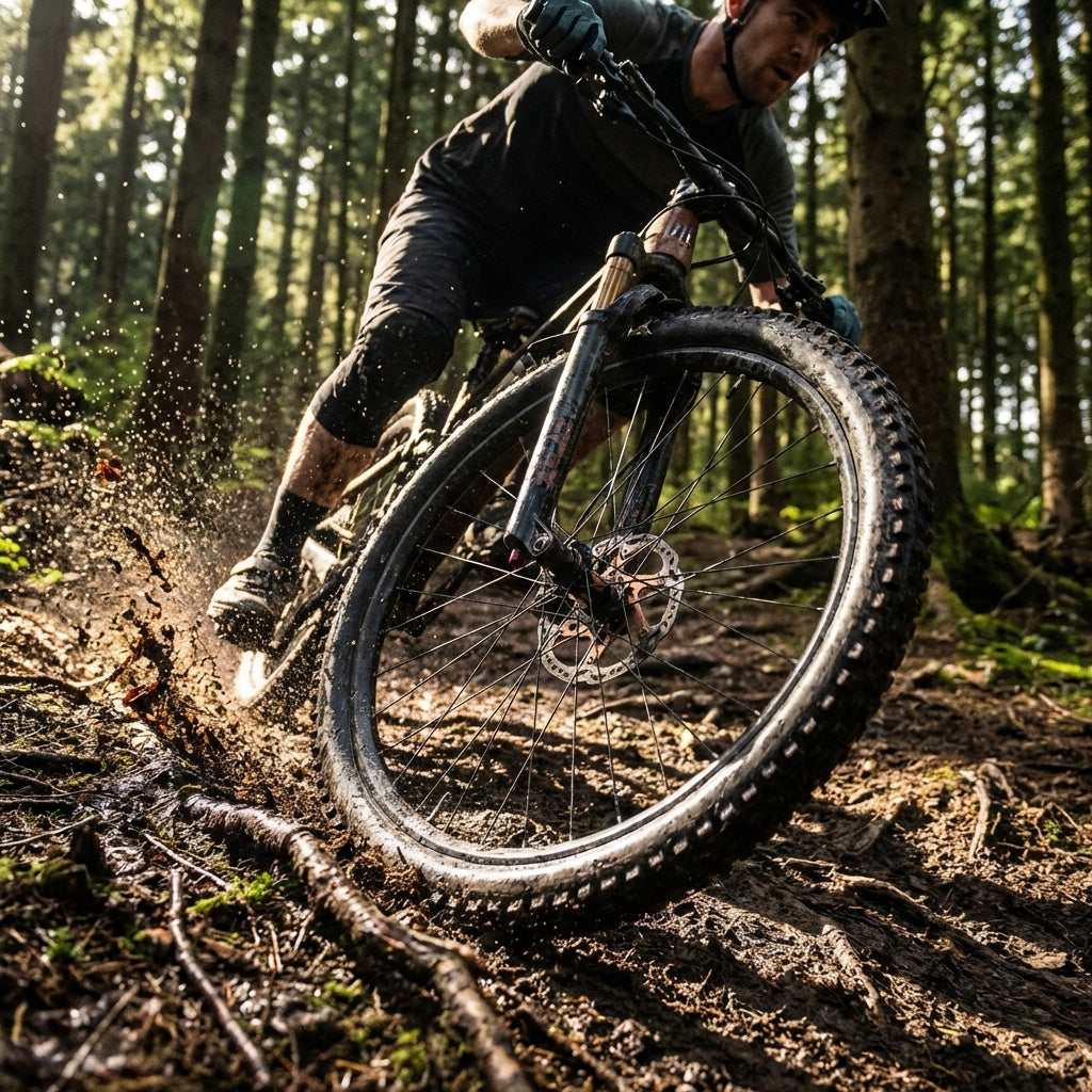 Voxom Scheibenbremsbeläge Formula Oro gesintert an Mountainbike-Bremse, im schlammigen Wald-Trail.