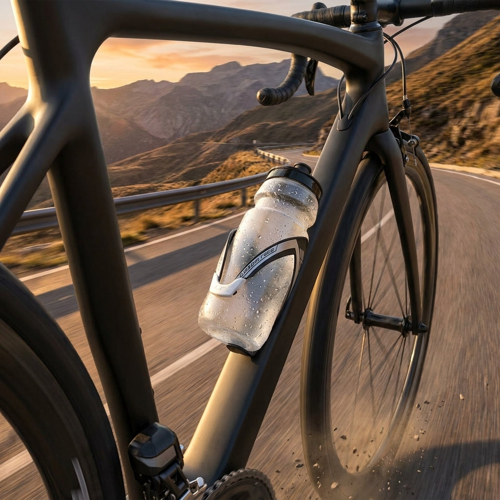 ELITE Custom Race Flaschenhalter schwarz/weiß matt am Rennrad auf kurviger Bergstraße bei Sonnenuntergang.