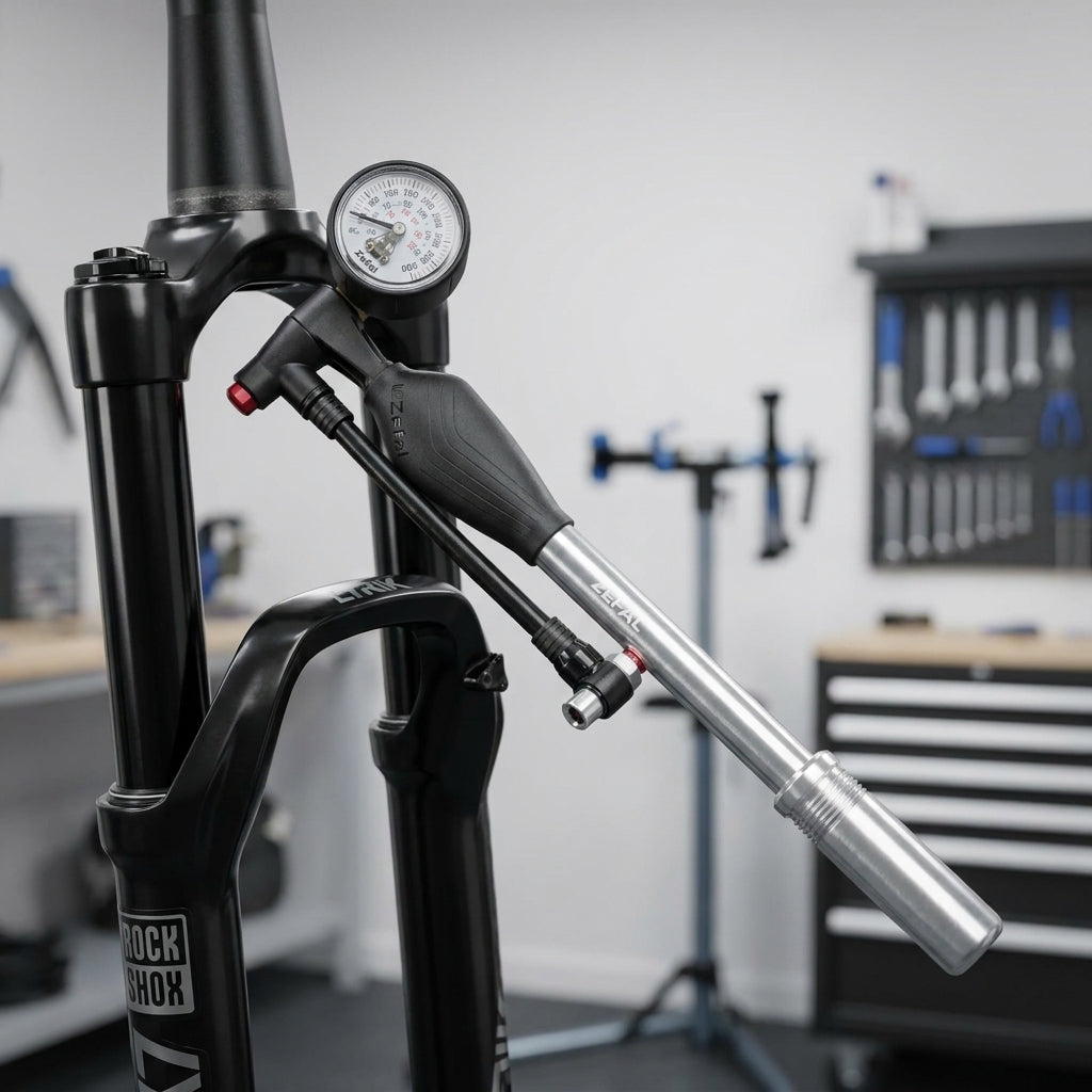 Zefal Z Shock Federgabelpumpe silber-schwarz mit Manometer an RockShox Fahrradgabel.