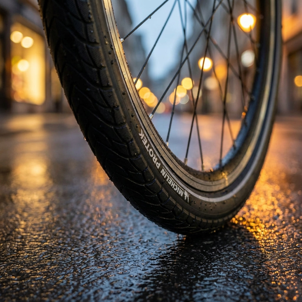 Michelin Protek Drahtreifen 28x1.60 Zoll 42-622 700x40C schwarz Reflex auf nassem Asphalt bei Nacht.