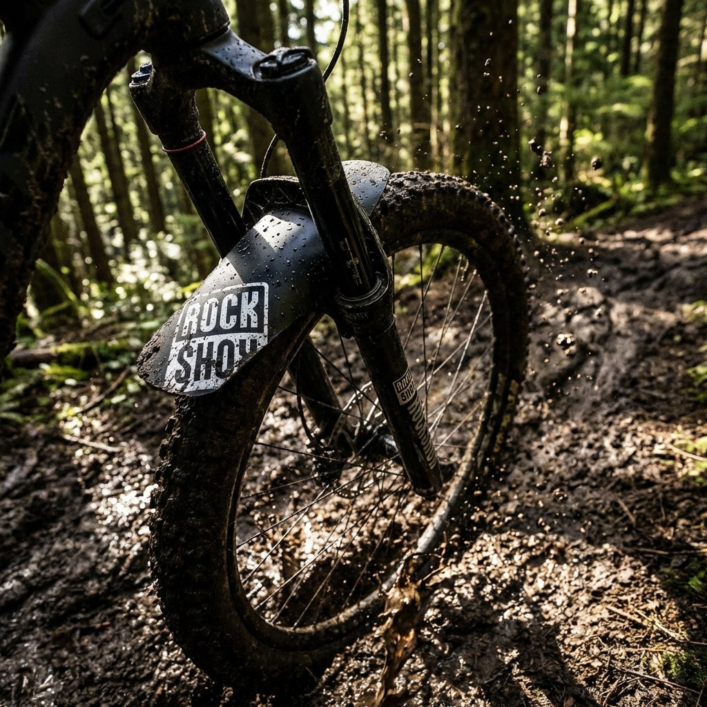 Rockshox Steckradschutz Fender schwarz weiß am Mountainbike im schlammigen Waldweg mit Spritzwasser.