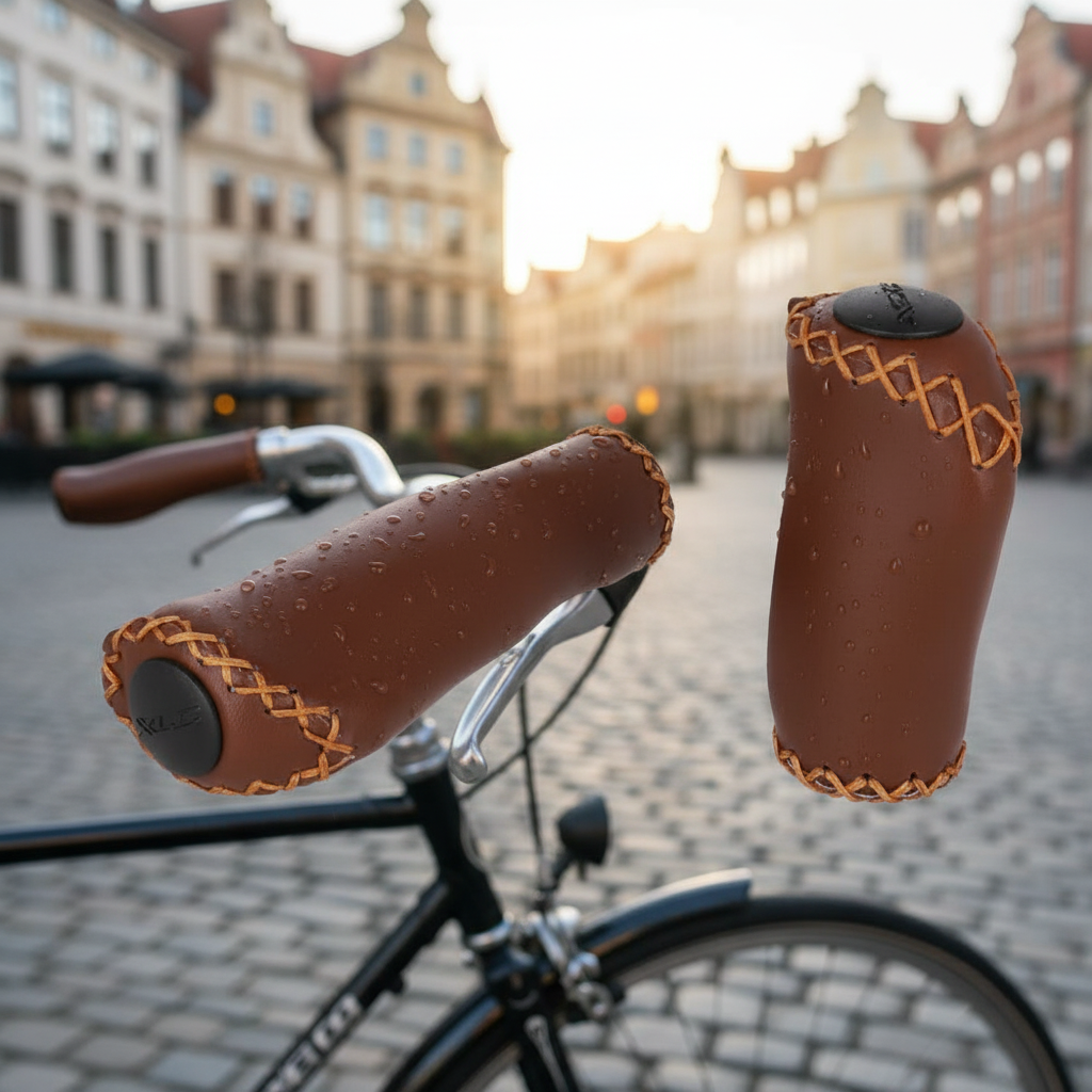 XLC Griffe GR-G11 braun Lederoptik mit Wassertropfen auf Fahrradlenker in Stadtkulisse.