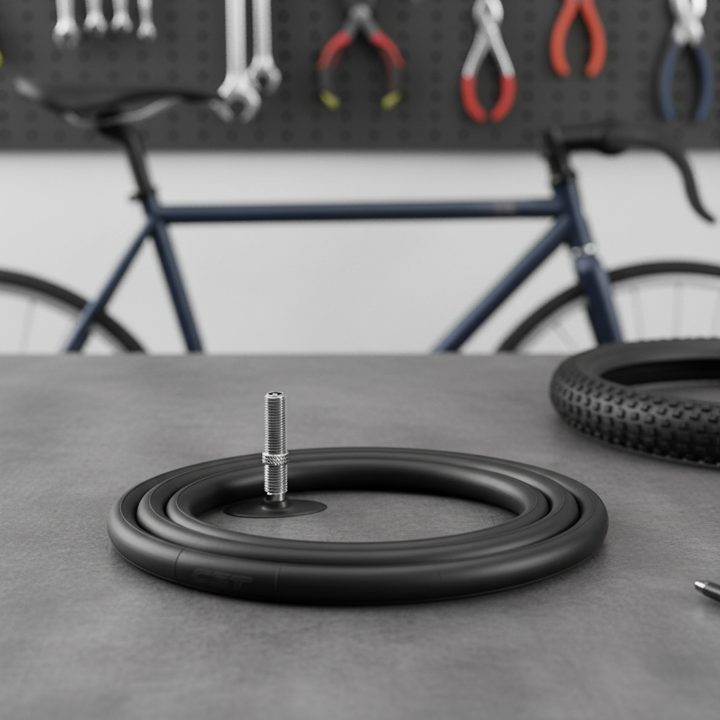 CST Fahrradschlauch 24x1.75-2.40" mit 40mm Autoventil auf Werkbank, bereit für MTB/Citybike.