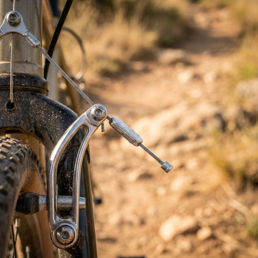 XLC Cantilever BR-X102 Verbindungskabel an Fahrradbremse, Detailaufnahme auf Feldweg.