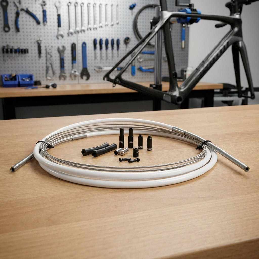 SRAM Schalt-/Bremskabel-Kit SlickWire Standard 5mm weiß auf Holztisch in Fahrradwerkstatt.