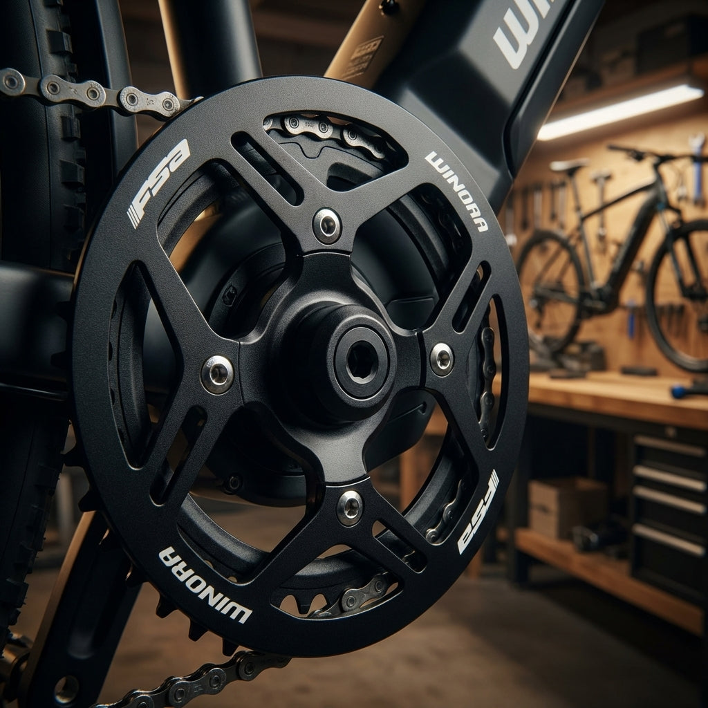 Schwarzer Yamaha Kettenschutzring FSA für Winora E-Bike, 48 Zähne, 104 Lochkreis.