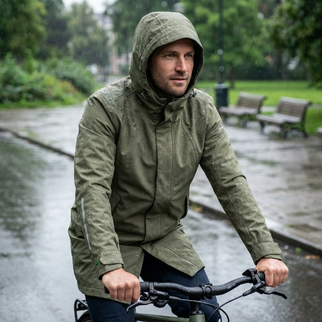 Olivgrüner Basil Regenparka Mosse Men XL für Herren beim Fahrradfahren im Regen.