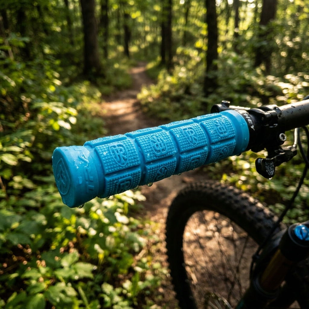 Himmelblauer Ritchey Comp Trail Griff aus rutschfestem Kratongummi. Ergonomisch für Mountainbike und Trail-Fahrten. 125/31.7mm.