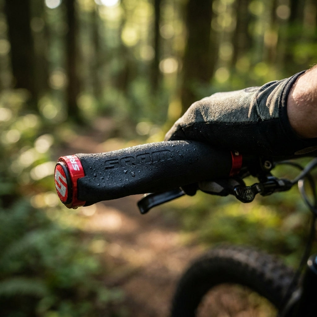 Nasse SRAM Lockring Griffe Contour, rot, ergonomisch, am Fahrradlenker im Wald.