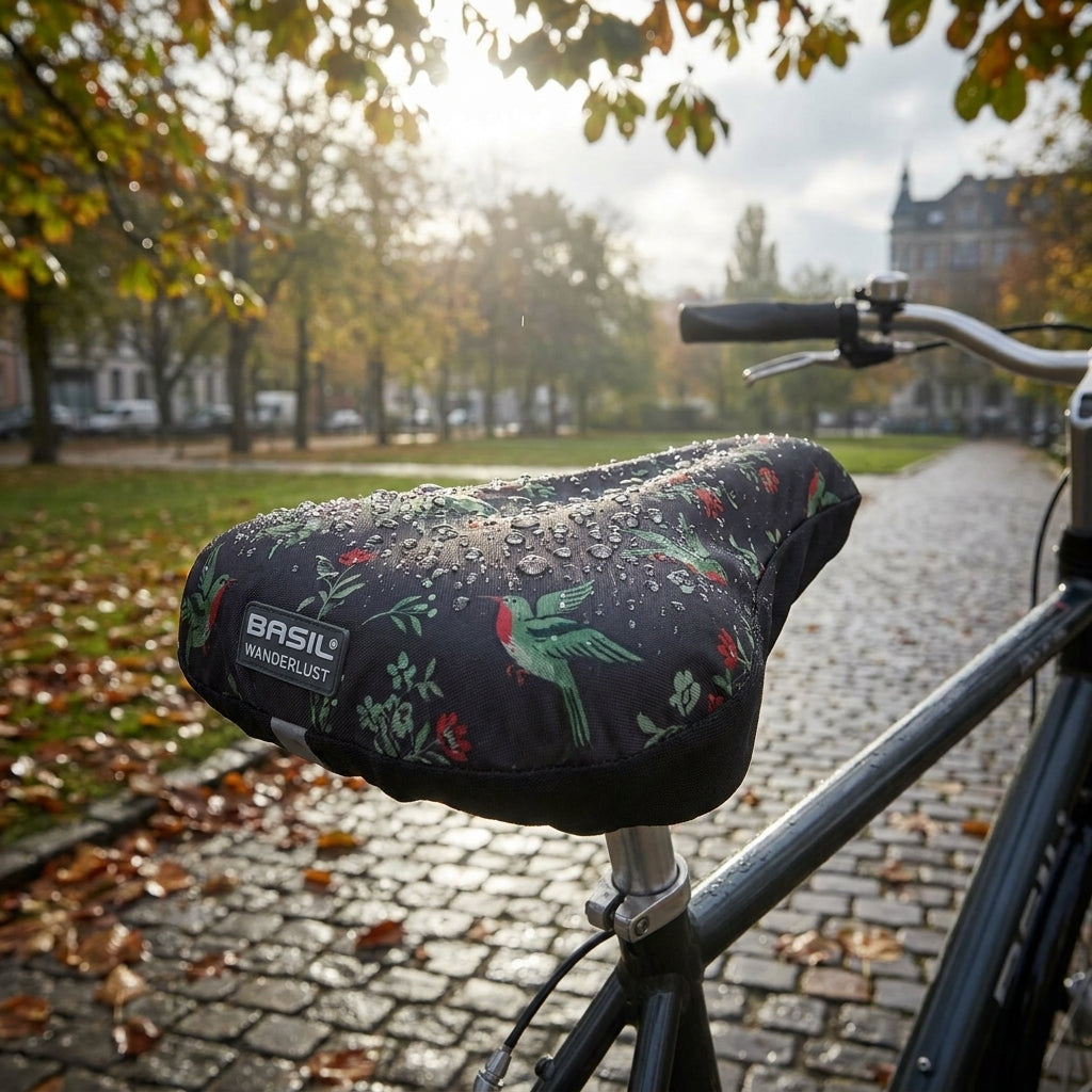 Wasserdichter Basil Sattelüberzug Wanderlust charcoal mit Vogelmuster auf Fahrradsattel im Herbstpark.