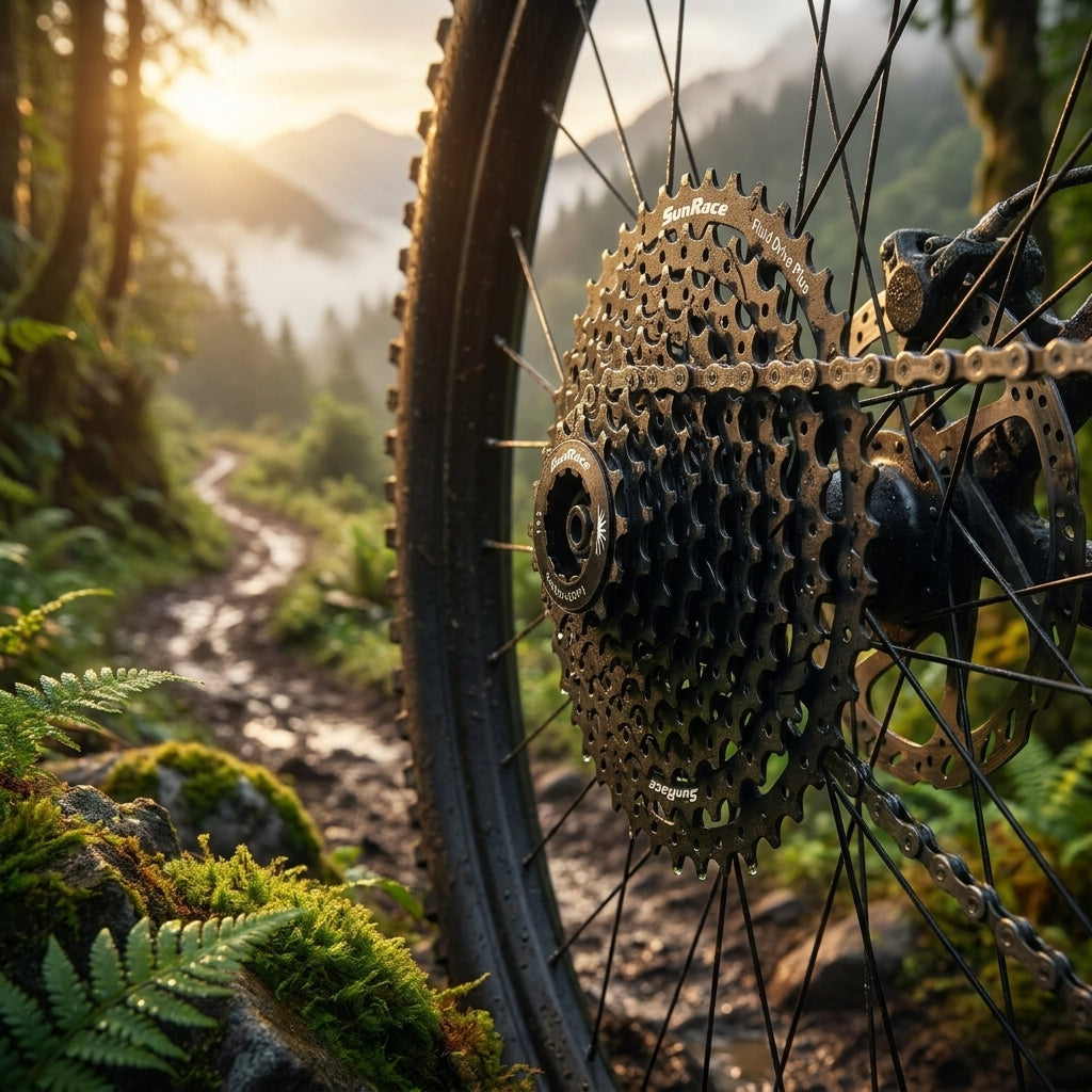 SunRace Kassette 11-fach Fluid Drive Plus 11-40 Zähne am Mountainbike auf schlammigem Waldweg bei Sonnenaufgang.
